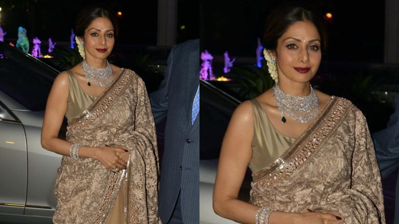 Sridevi’s beige net MM saree with diamond bijou (PC:  Getty Images)