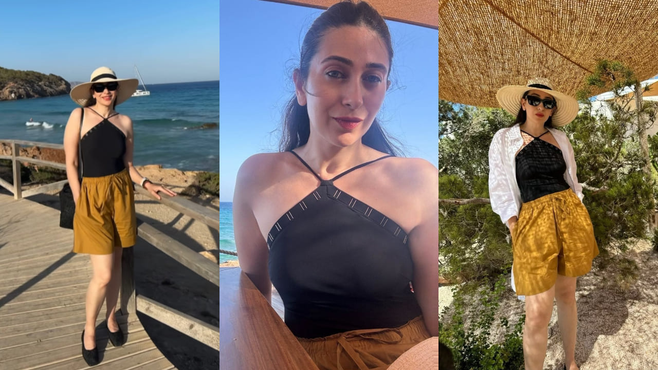 Karisma Kapoor in swimsuit and shorts