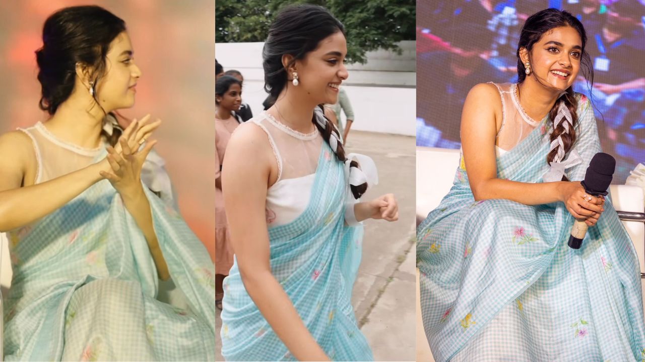 Keerthy Suresh’s ice blue floral saree for Raghu Thatha promotions