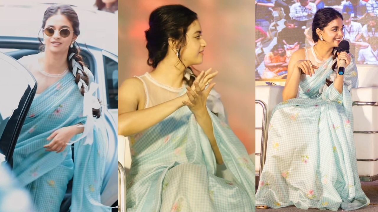 Keerthy Suresh’s ice blue floral saree for Raghu Thatha promotions