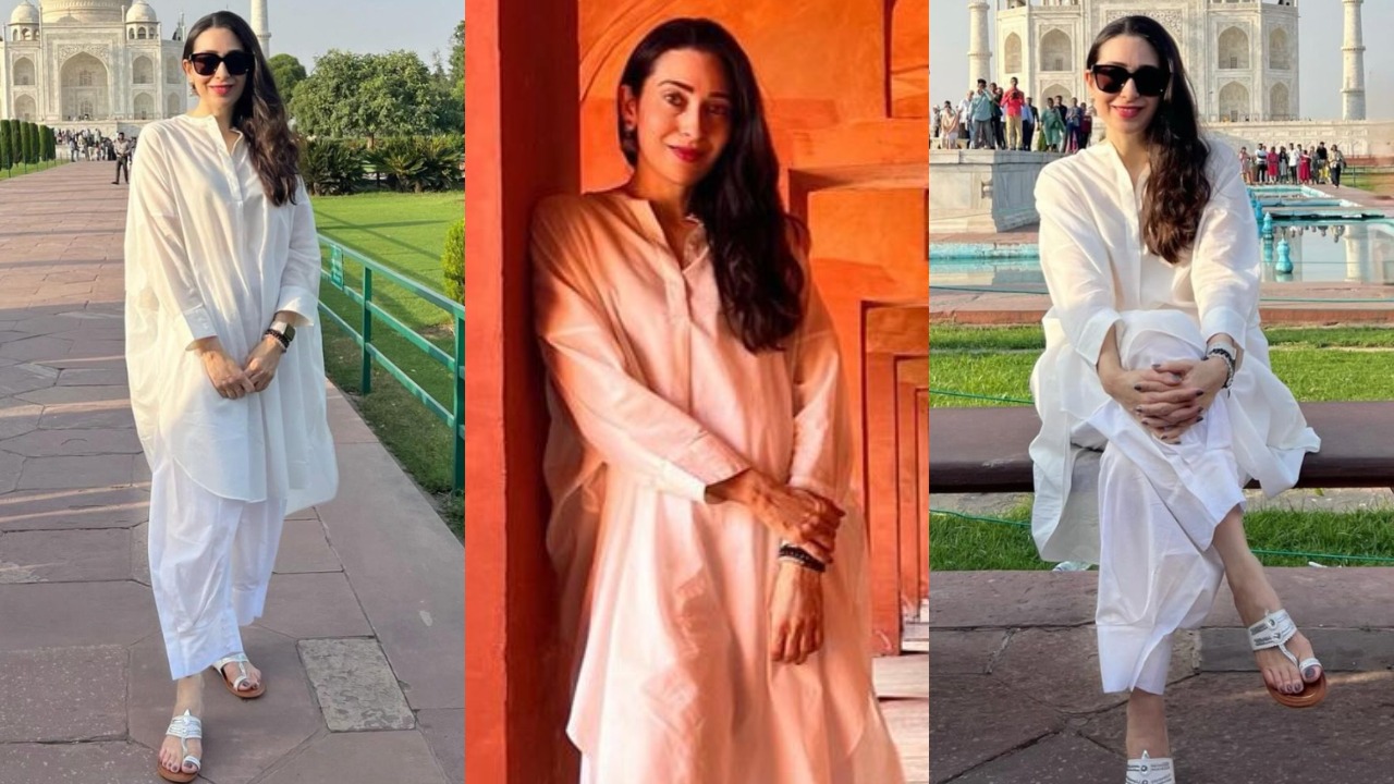 Karisma Kapoor’s white monochrome kurta set with Kholapuri sandals (pc: Karisma Kapoor’s Instagram)