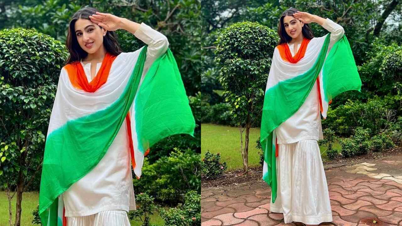 Sara Ali Khan’s sharara suit with a tricolor dupatta (PC: Sara Ali Khan’s Instagram)