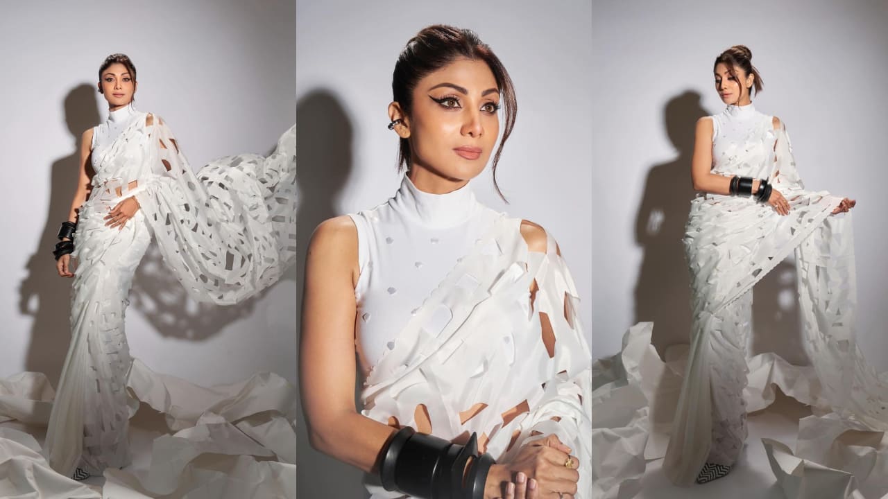 Shilpa Shetty in white laser cut saree