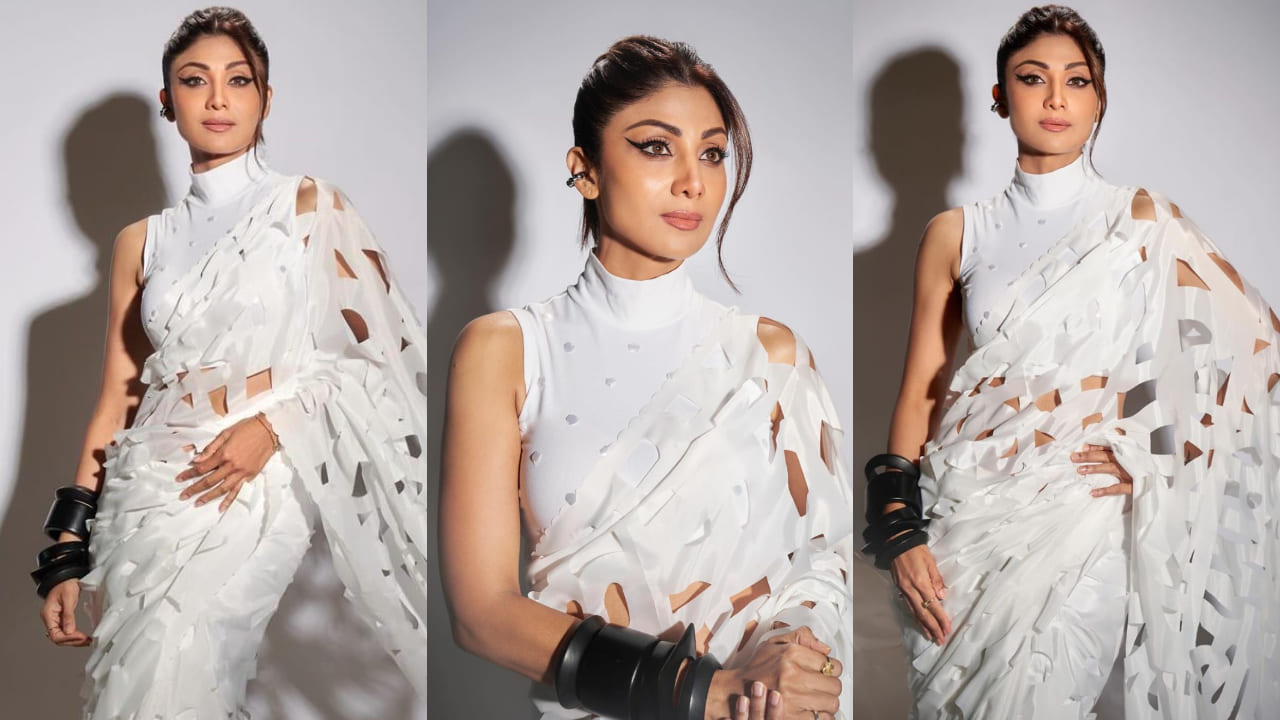 Shilpa Shetty in white laser cut saree