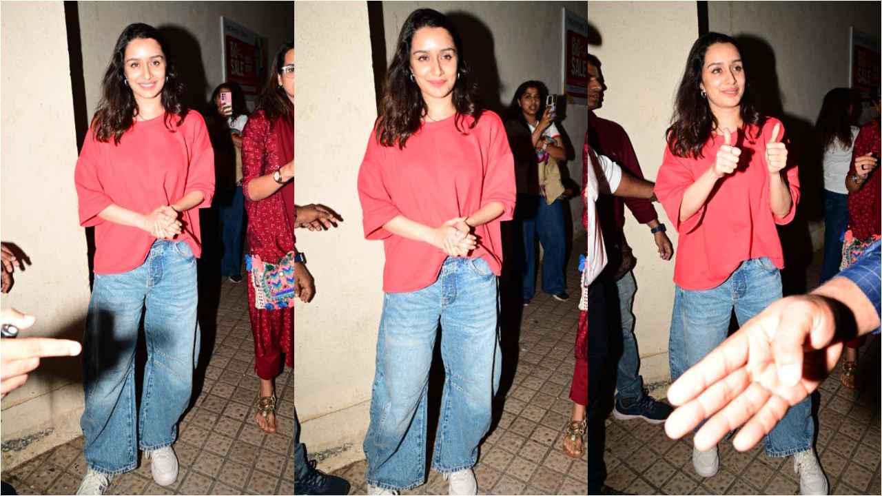 Stree 2 actress Shraddha Kapoor serves effortlessly cool style in red T-shirt with baggy denim jeans and sneakers (PC: Viral Bhayani)