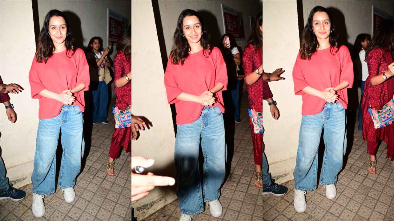 Stree 2 actress Shraddha Kapoor serves effortlessly cool style in red T-shirt with baggy denim jeans and sneakers (PC: Viral Bhayani)