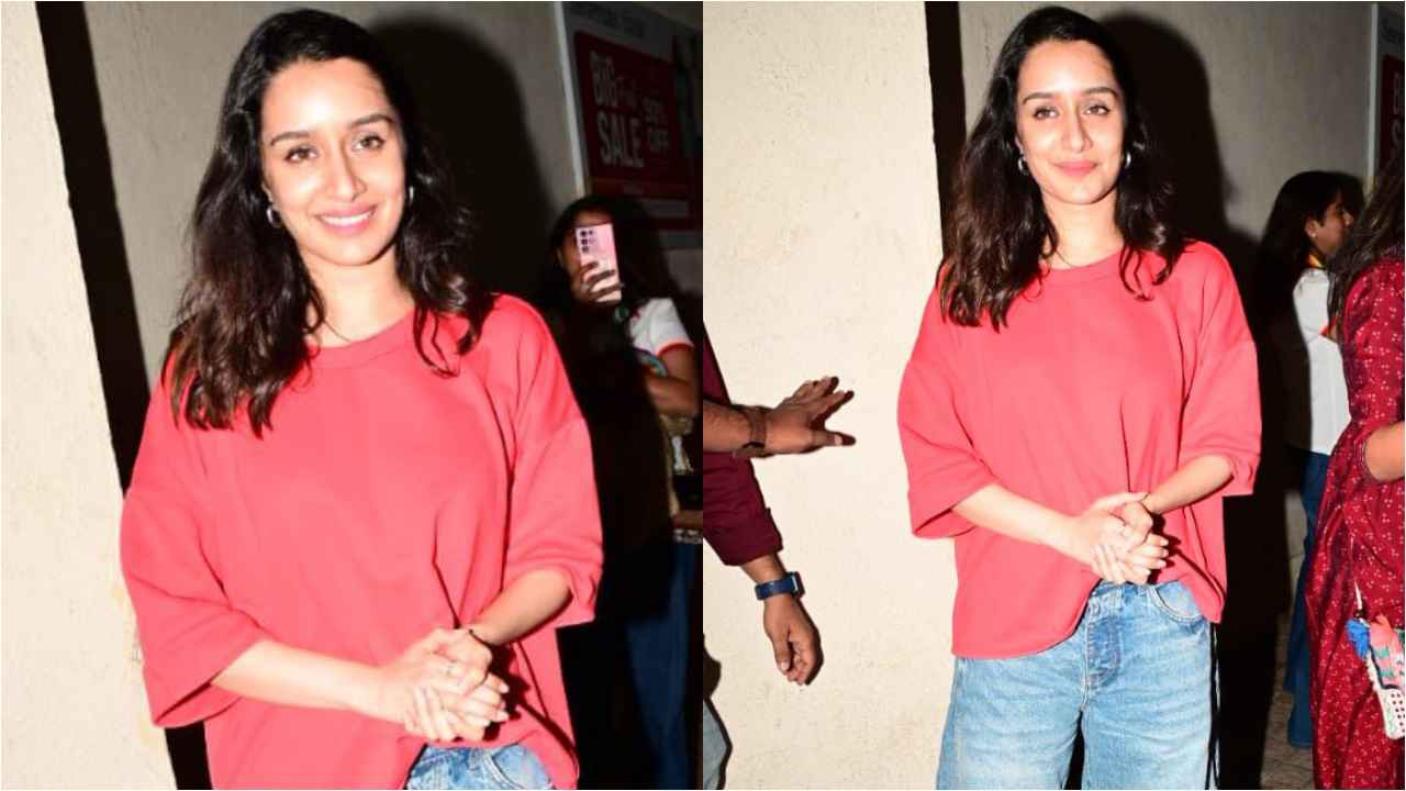 Stree 2 actress Shraddha Kapoor serves effortlessly cool style in red T-shirt with baggy denim jeans and sneakers (PC: Viral Bhayani)