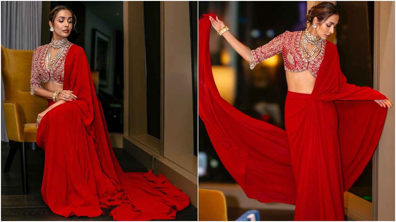 Malaika Arora serves ethnic elegance in Jayanti Reddy’s pre-draped red saree that is perfect for modern brides (PC: Tanya Ghavri Instagram)