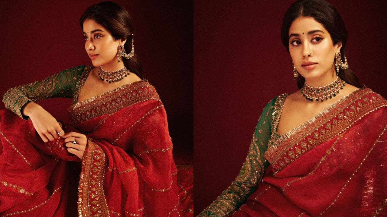 Janhvi Kapoor in red saree  ( PC: Vaishnav Praveen) 