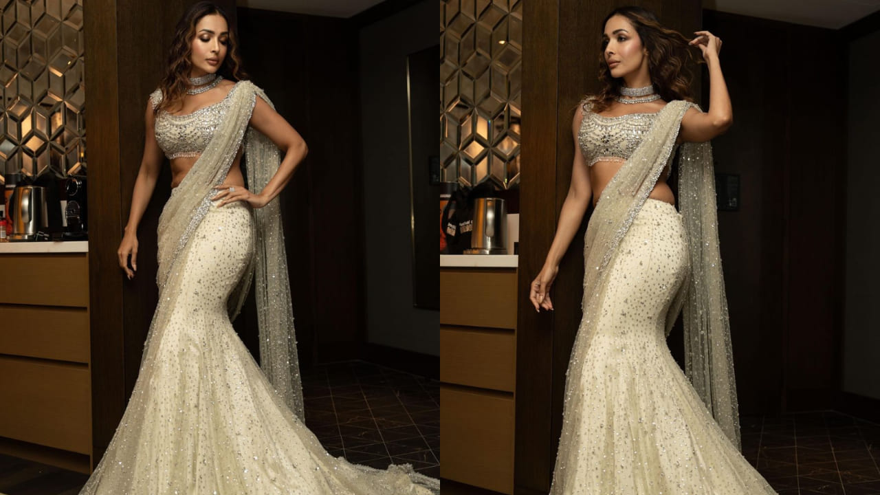 Malaika Arora in ivory tulle saree