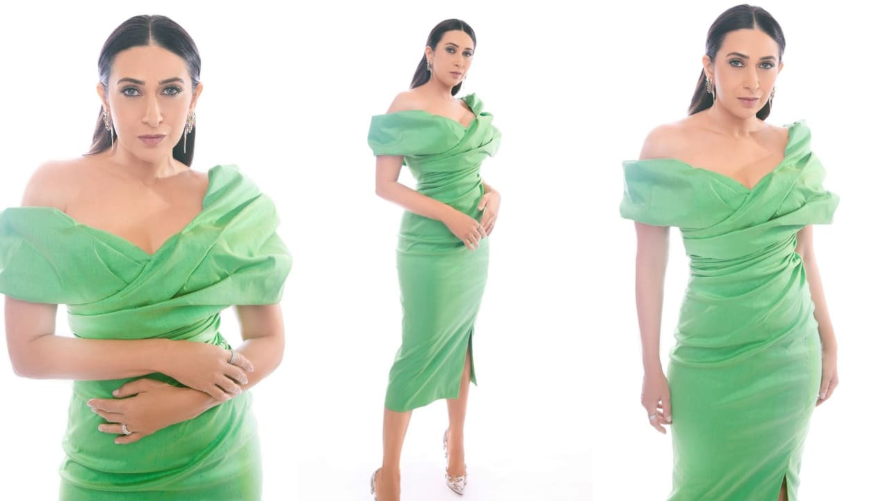 Karisma Kapoor in green ruched dress ( PC: Karisma Kapoor/ Nupur agarwal) 