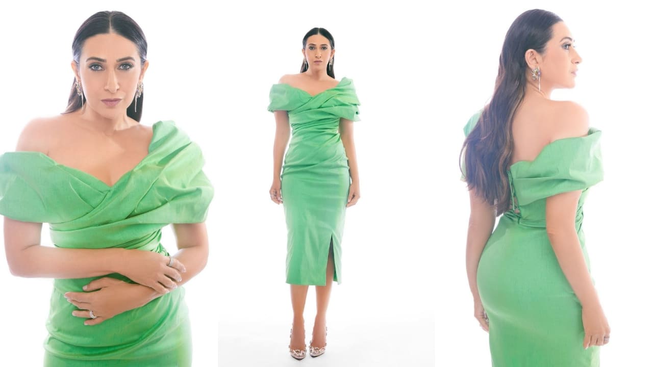 Karisma Kapoor in green ruched dress ( PC: Karisma Kapoor/ Nupur agarwal) 