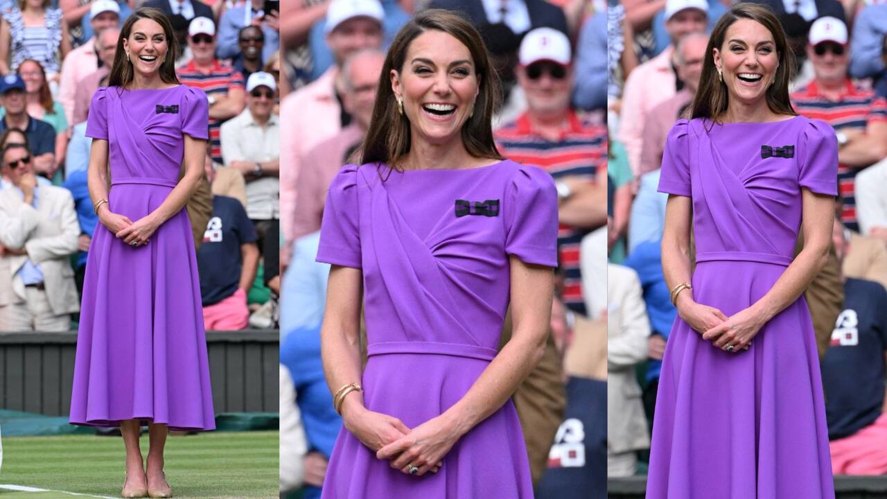 Kate’s purple midi dress look (PC: Getty Images, The Prince and Princess of Wales Instagram)