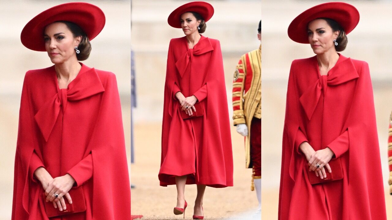 Kate’s fiery red cape coat look (PC: Getty Images, The Prince and Princess of Wales Instagram)