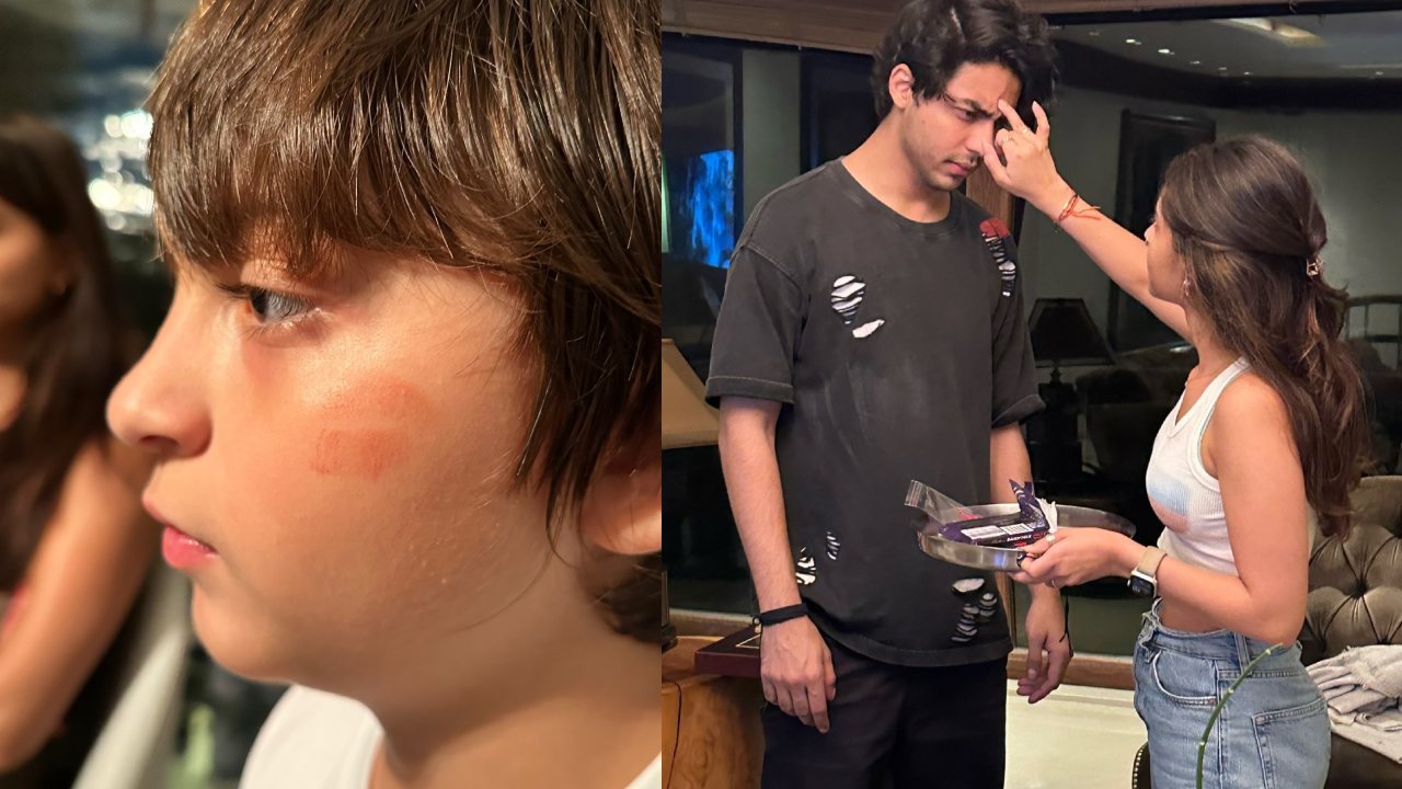 Shah Rukh Khan's son Aryan Khan looks dapper in black as he celebrates Rakhi; see UNSEEN pics and don't miss lipstick mark on AbRam's cheeks