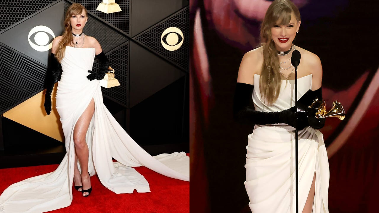 Taylor Swift in monochrome gown at Grammys 2024 ( PC: Getty Images) 