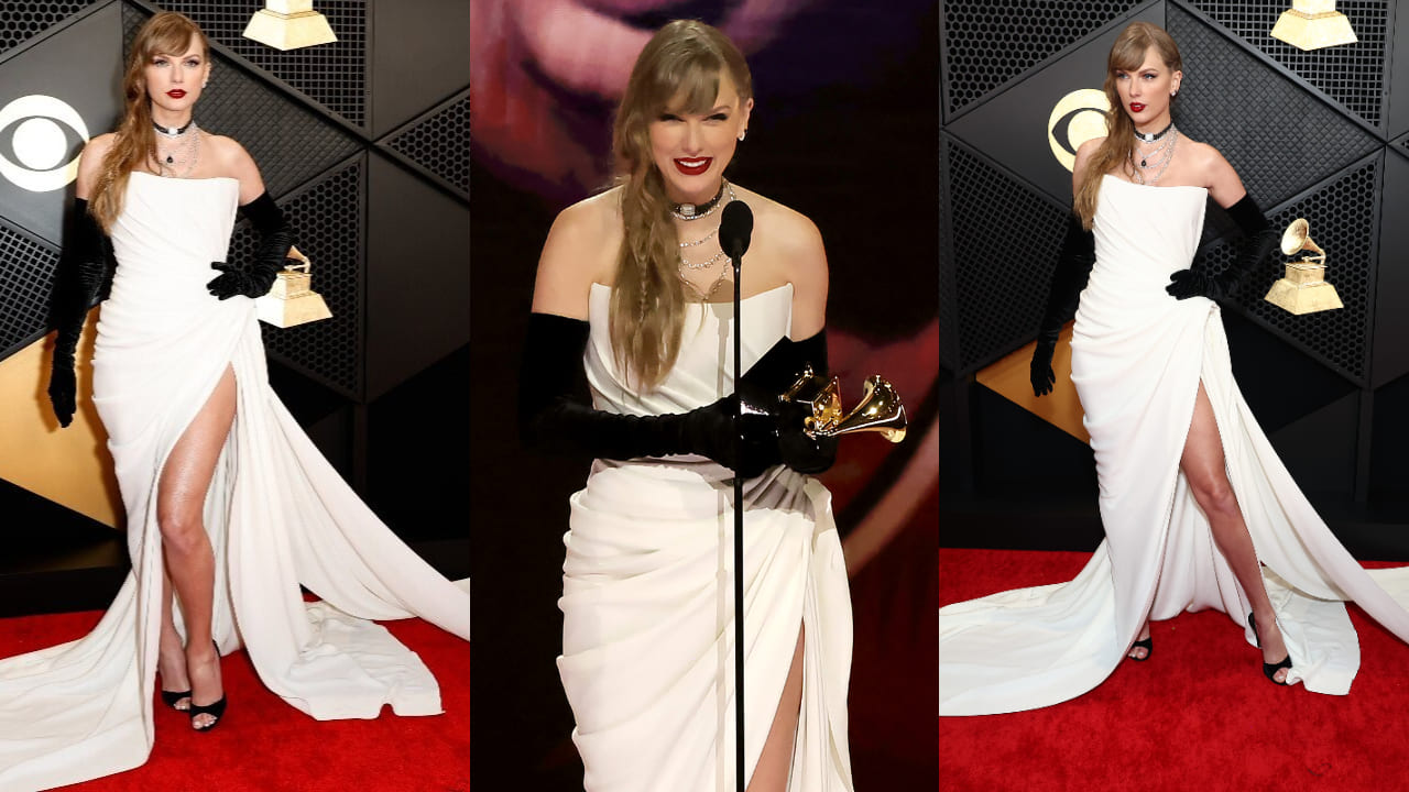 Taylor Swift in monochrome gown at Grammys 2024 ( PC: Getty Images) 