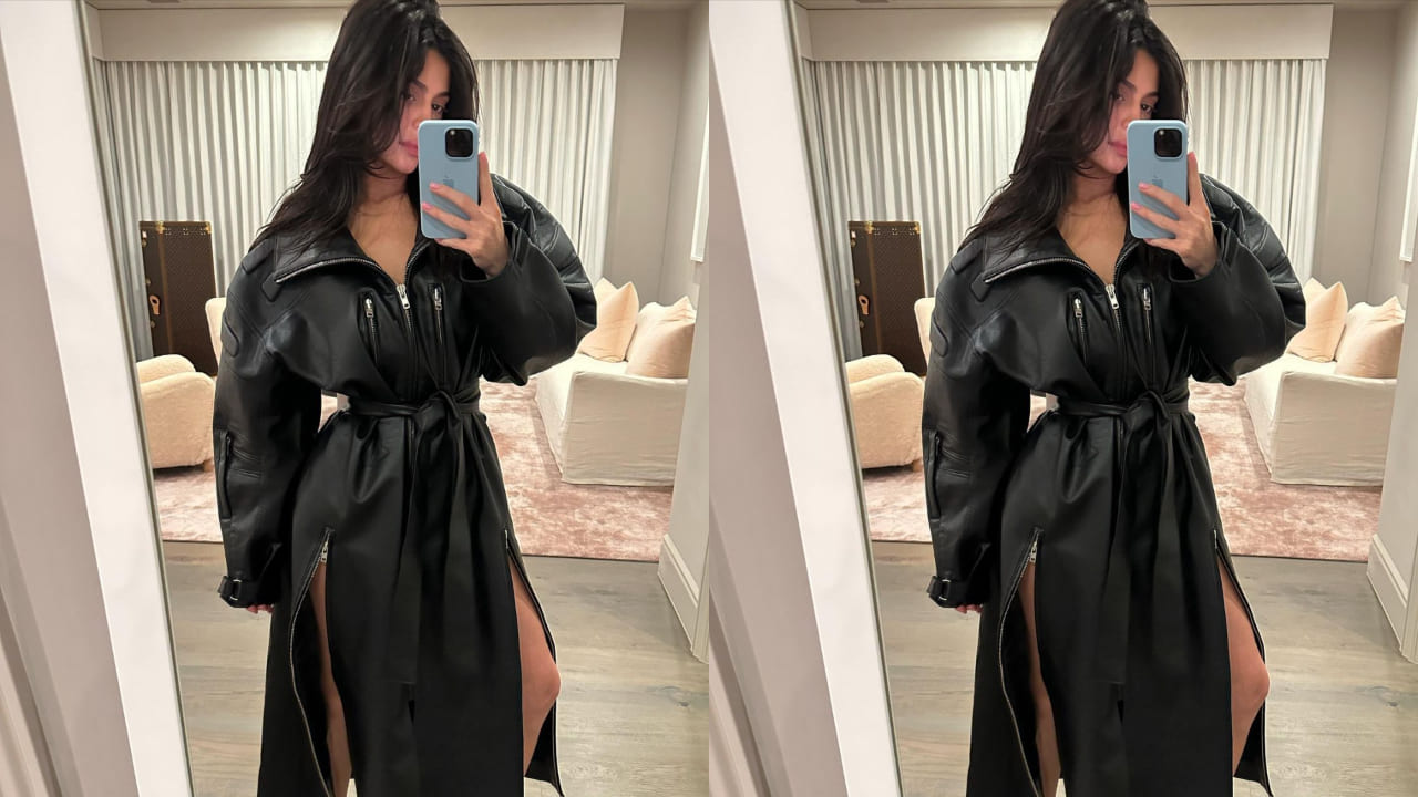 Kylie Jenner in black trench dress