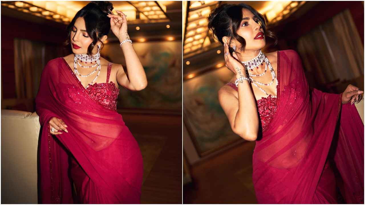 Priyanka Chopra’s embellished berry Manish Malhotra saree proves she’s the ULTIMATE desi girl (PC: Vishal Yadav, Kiran Coelho Instagram)