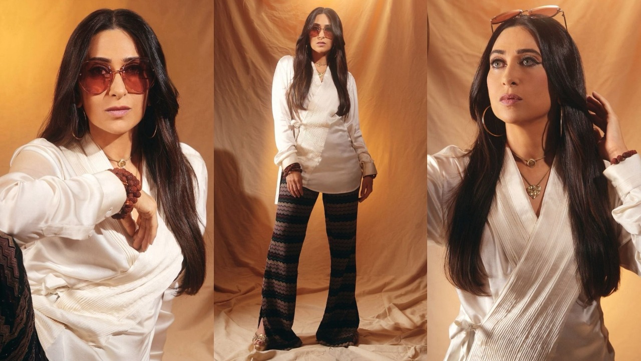 Karisma Kapoor in long white top with abstract pants  (PC: Karisma Kapoor's Instagram)