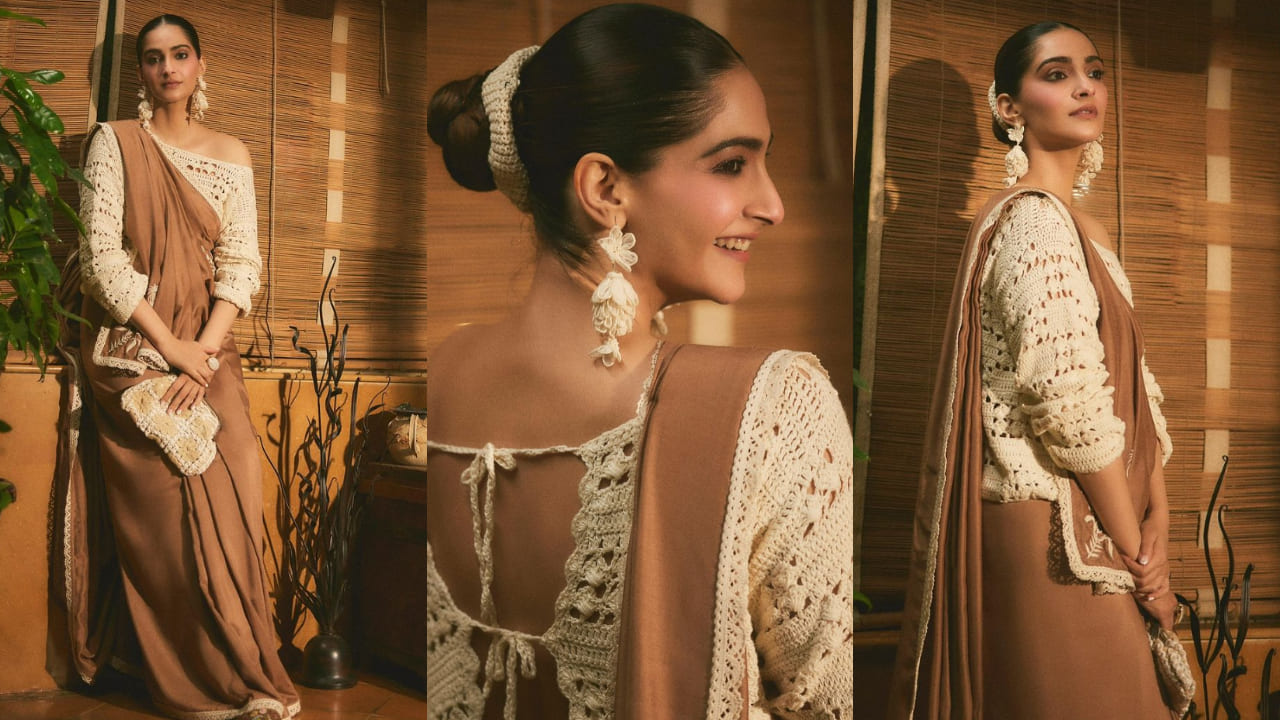 Sonam Kapoor in brown saree and crochet blouse 