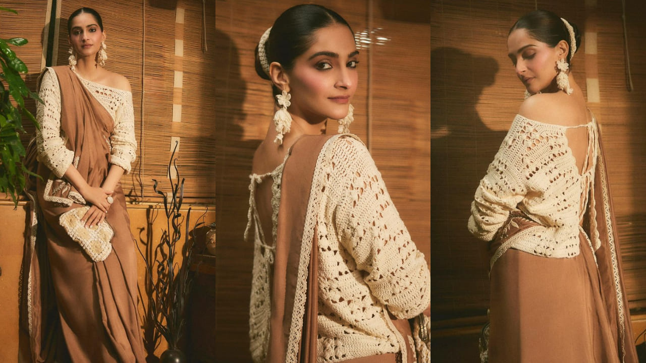 Sonam Kapoor in brown saree and crochet blouse 