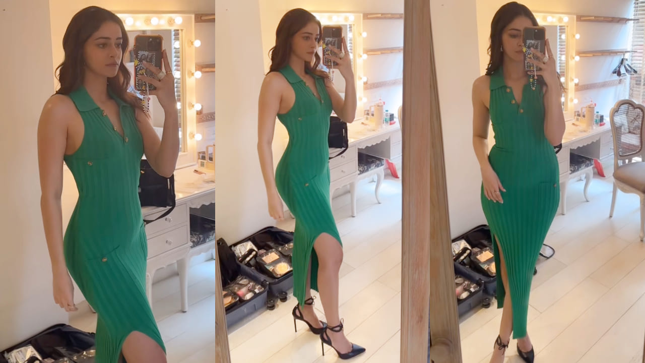 Ananya Panday in green ribbed knit dress 