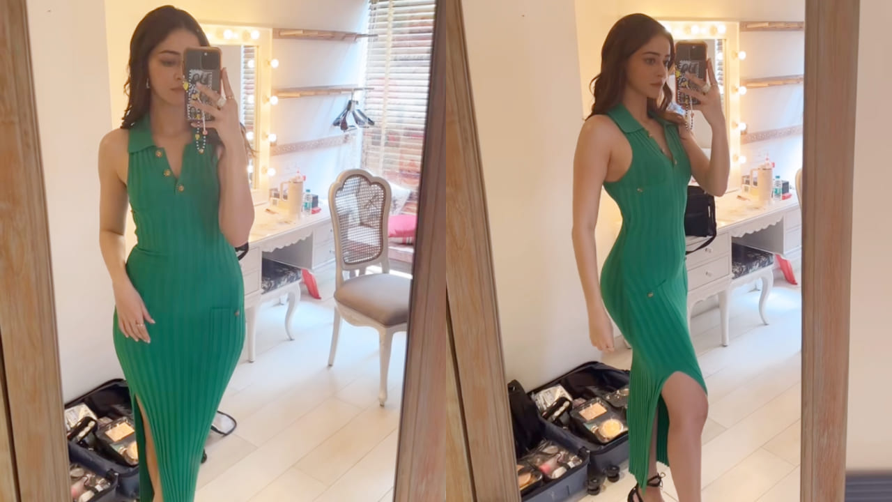 Ananya Panday in green ribbed knit dress 