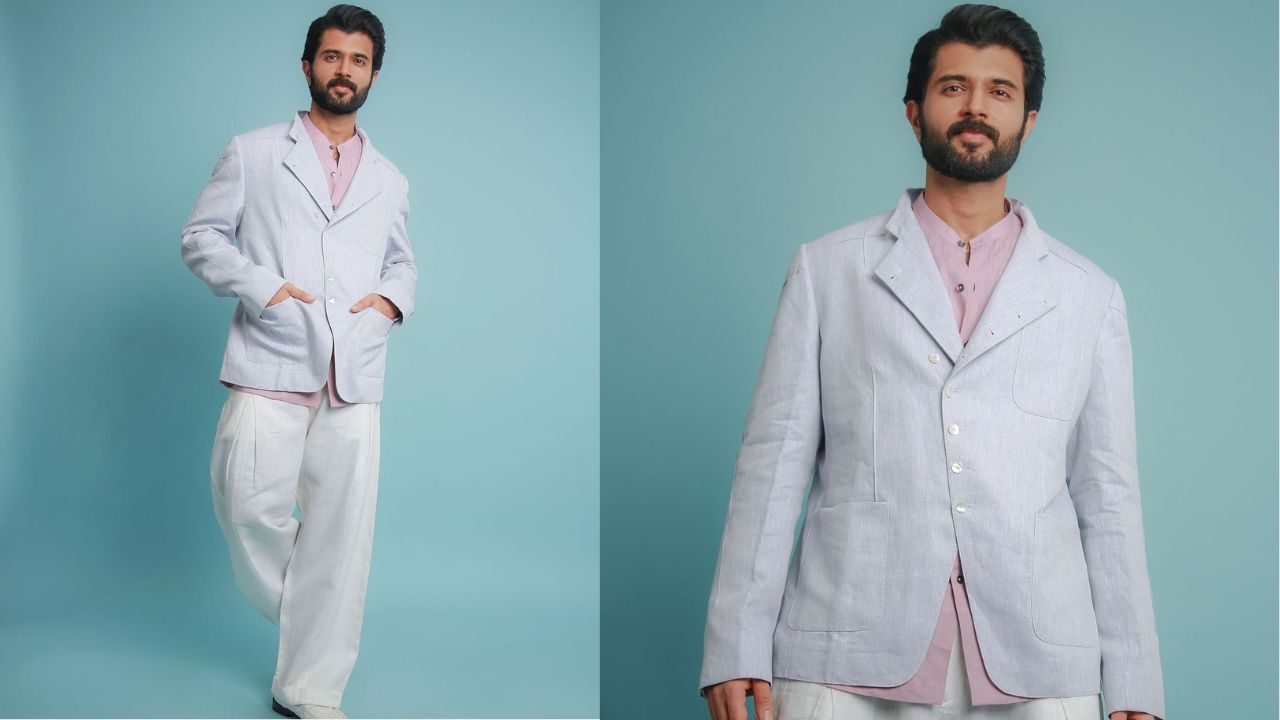 Vijay Deverakonda’s latest pastel linen suit (PC: Paul David Martin Instagram)