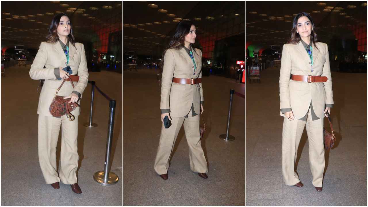 Sonam Kapoor Ahuja takes airport fashion to next level with power dressing twist in pantsuit and Dior bag (PC: Viral Bhayani, Pinkvilla)