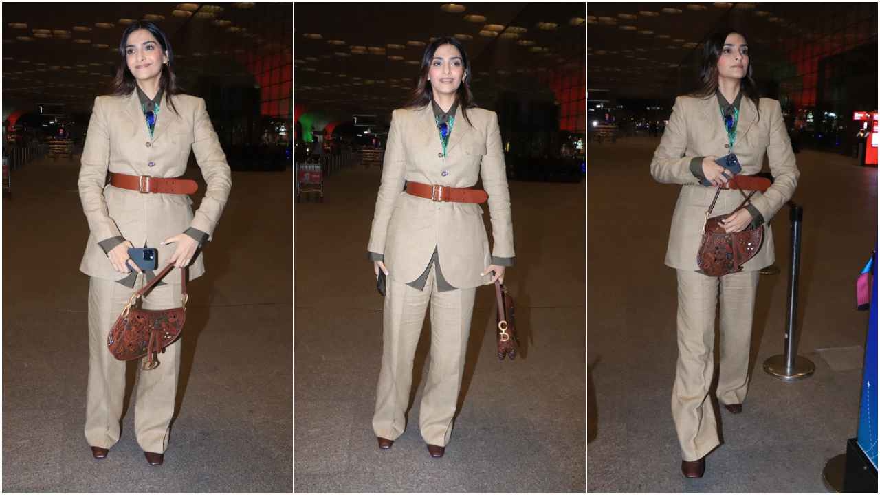 Sonam Kapoor Ahuja takes airport fashion to next level with power dressing twist in pantsuit and Dior bag (PC: Viral Bhayani, Pinkvilla)