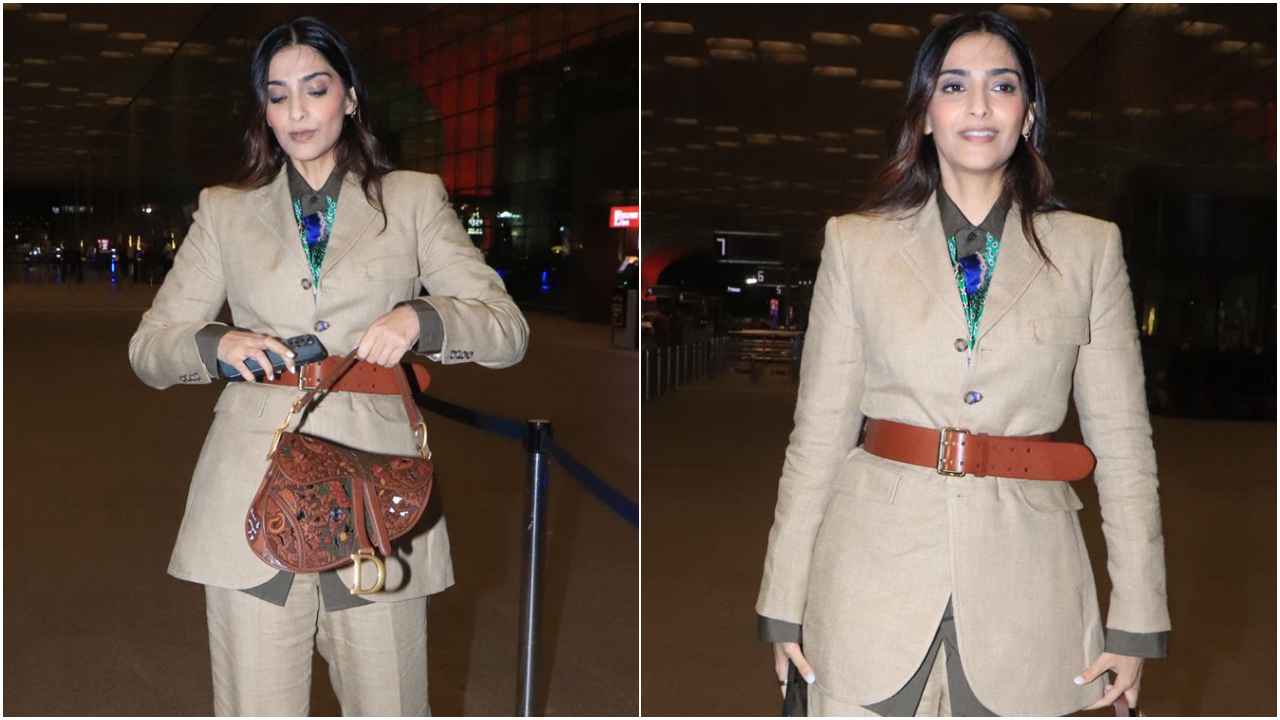 Sonam Kapoor Ahuja takes airport fashion to next level with power dressing twist in pantsuit and Dior bag (PC: Viral Bhayani, Pinkvilla)