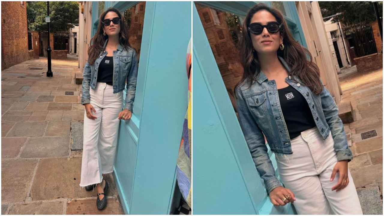 Mira Rajput makes fashionable mark in Rs 42K Loewe black top and white pants with denim jacket  (PC: Mira Rajput Instagram)