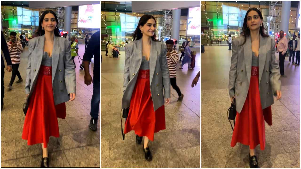 Sonam Kapoor looks Khoobsurat in fiery corset top, blazer and denim maxi skirt with  Dior bag for airport look (PC: Varinder Chawla)