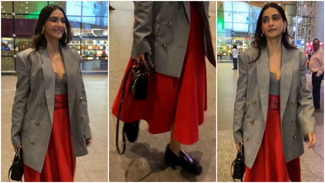 Sonam Kapoor looks Khoobsurat in fiery corset top, blazer and denim maxi skirt with  Dior bag for airport look (PC: Varinder Chawla)