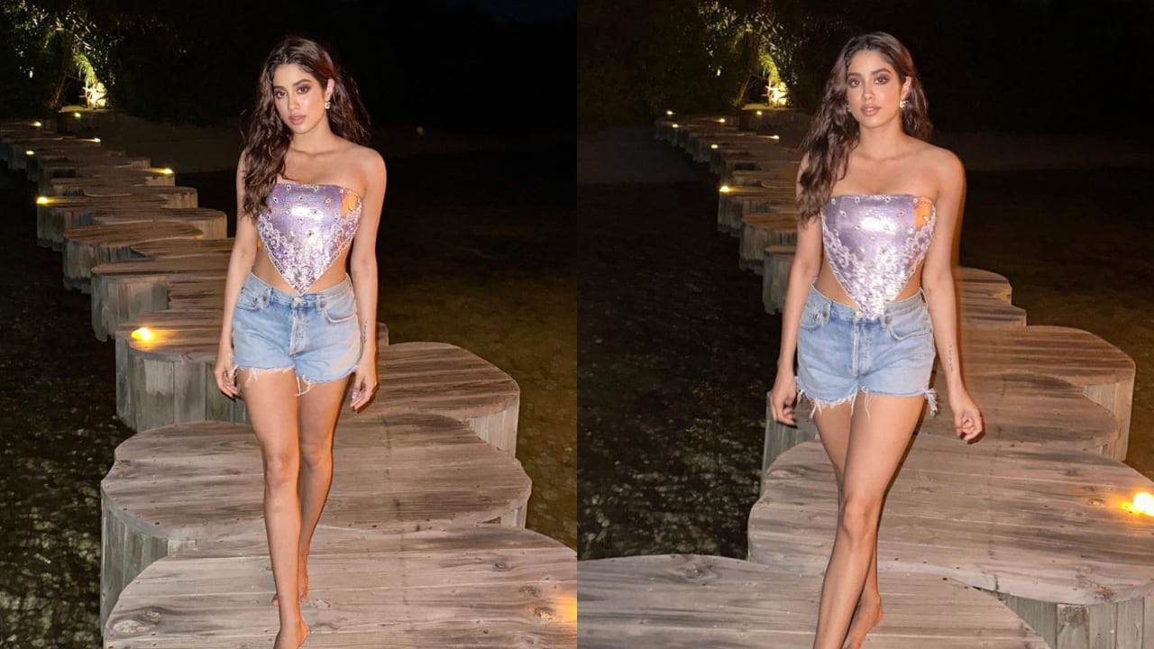 Janhvi Kapoor in pair of denim shorts 