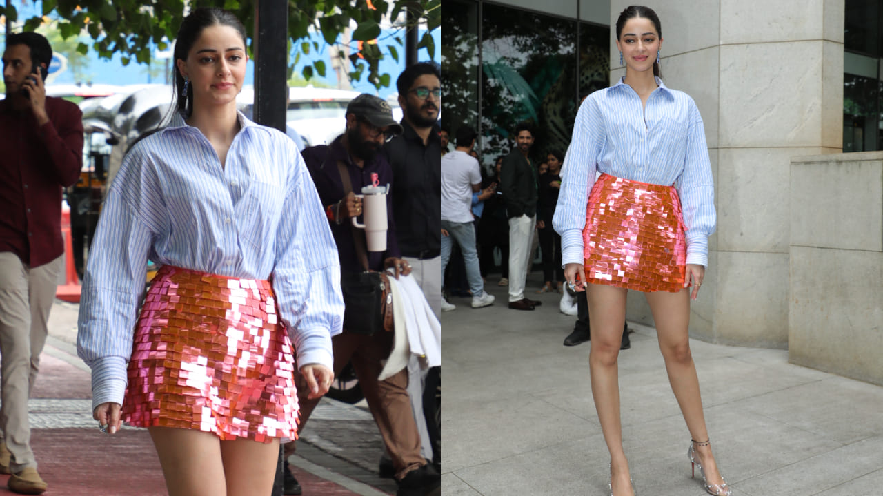 Ananya Panday in shimmery skirt and formal shirt 