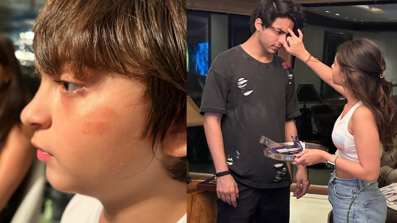 Shah Rukh Khan's son Aryan Khan looks dapper in black as he celebrates Rakhi; see UNSEEN pics and don't miss lipstick mark on AbRam's cheeks