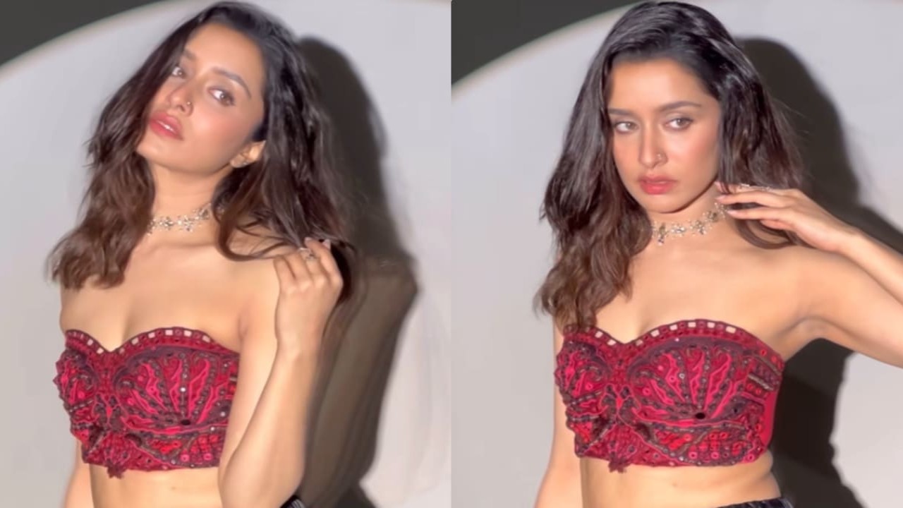 Shraddha Kapoor in red embroidered top and black trousers