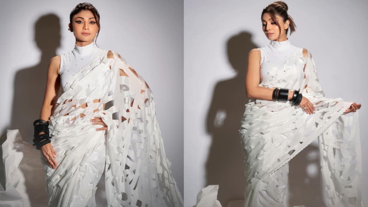 Shilpa Shetty in white laser cut saree