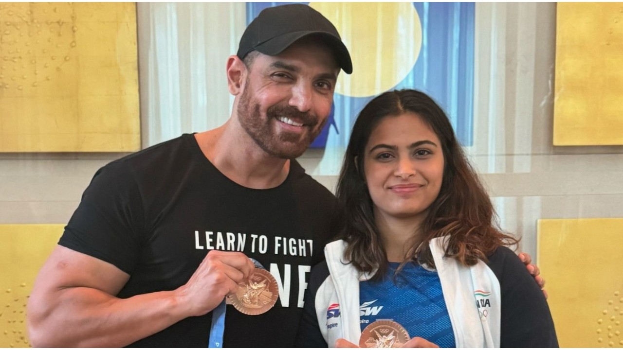 PIC: John Abraham meets double Olympic 2024 medalist Manu Bhaker as she returns from Paris; ‘She has made India proud’