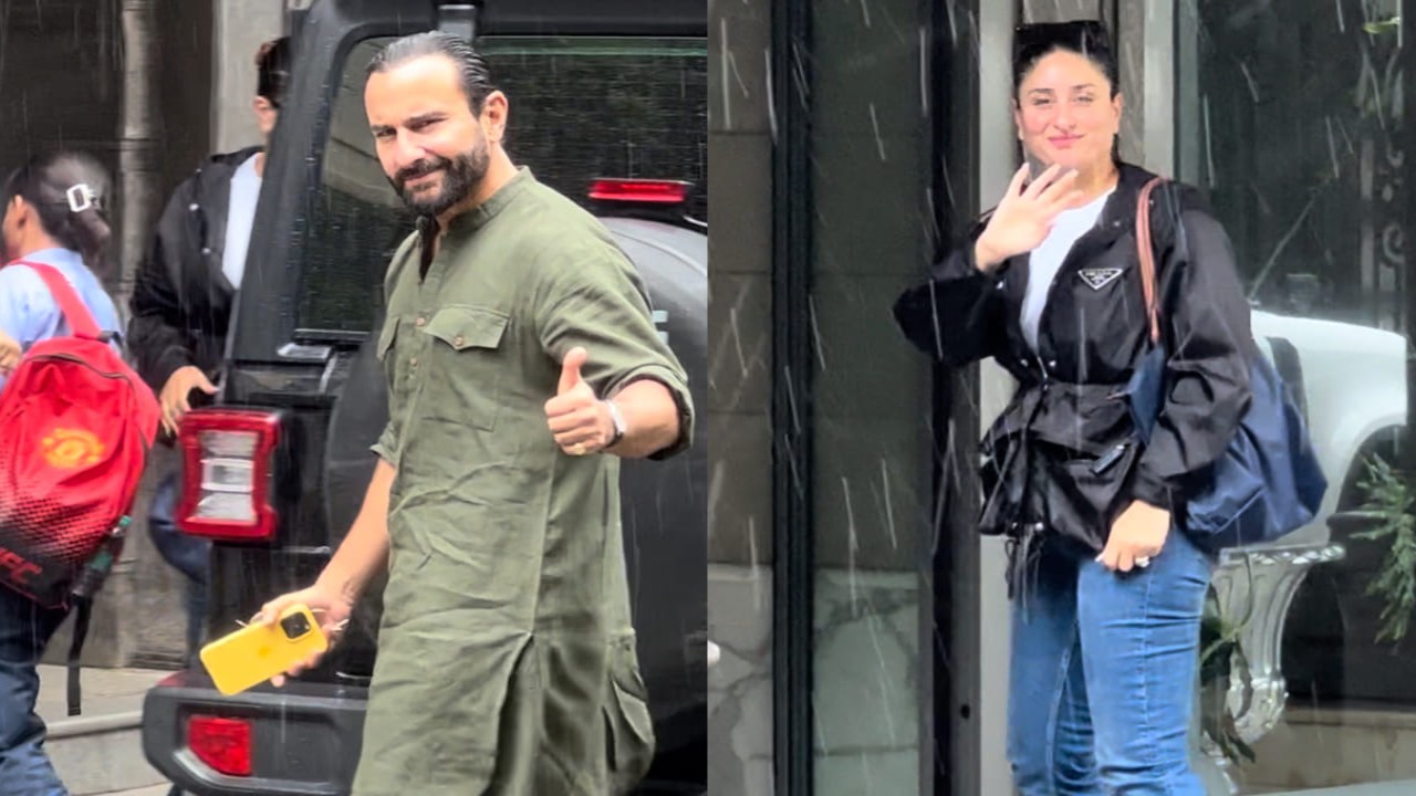 Kareena Kapoor in Prada jacket and Saif Ali Khan in green kurta set 