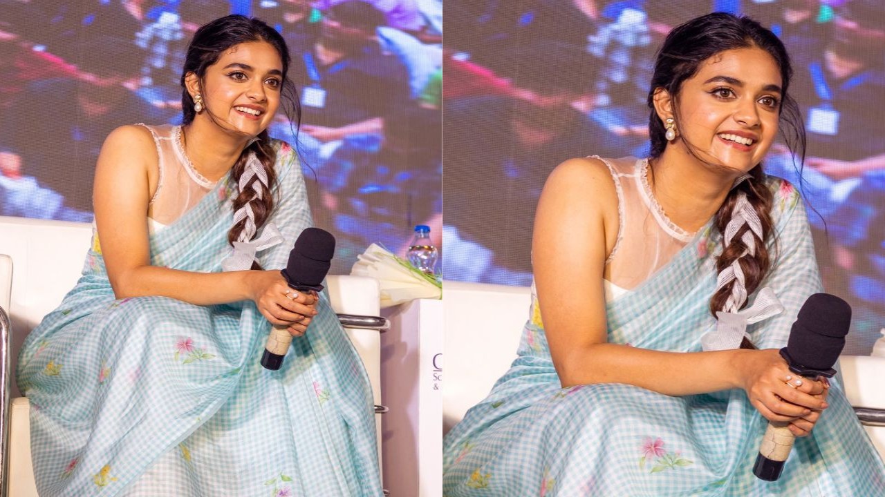 Keerthy Suresh’s ice blue floral saree for Raghu Thatha promotions is a stunning sight ...