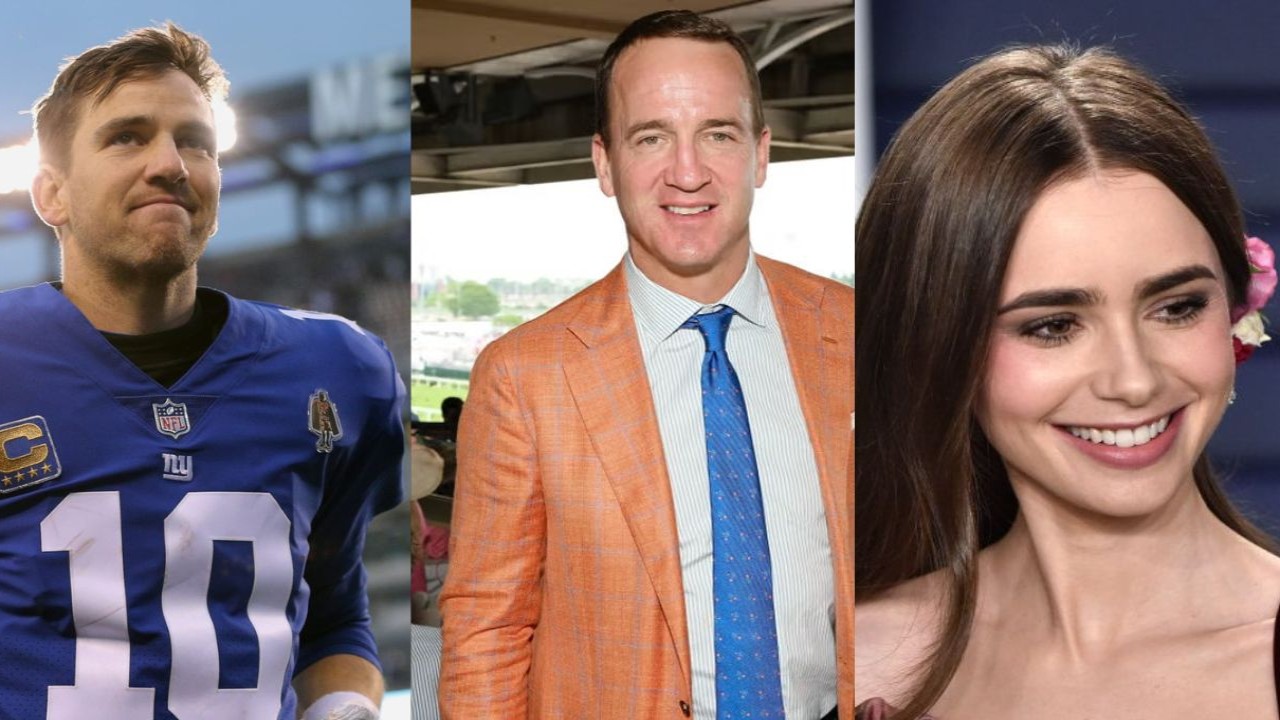 Eli Manning, Peyton Manning and Lily Collins [Credit-X]