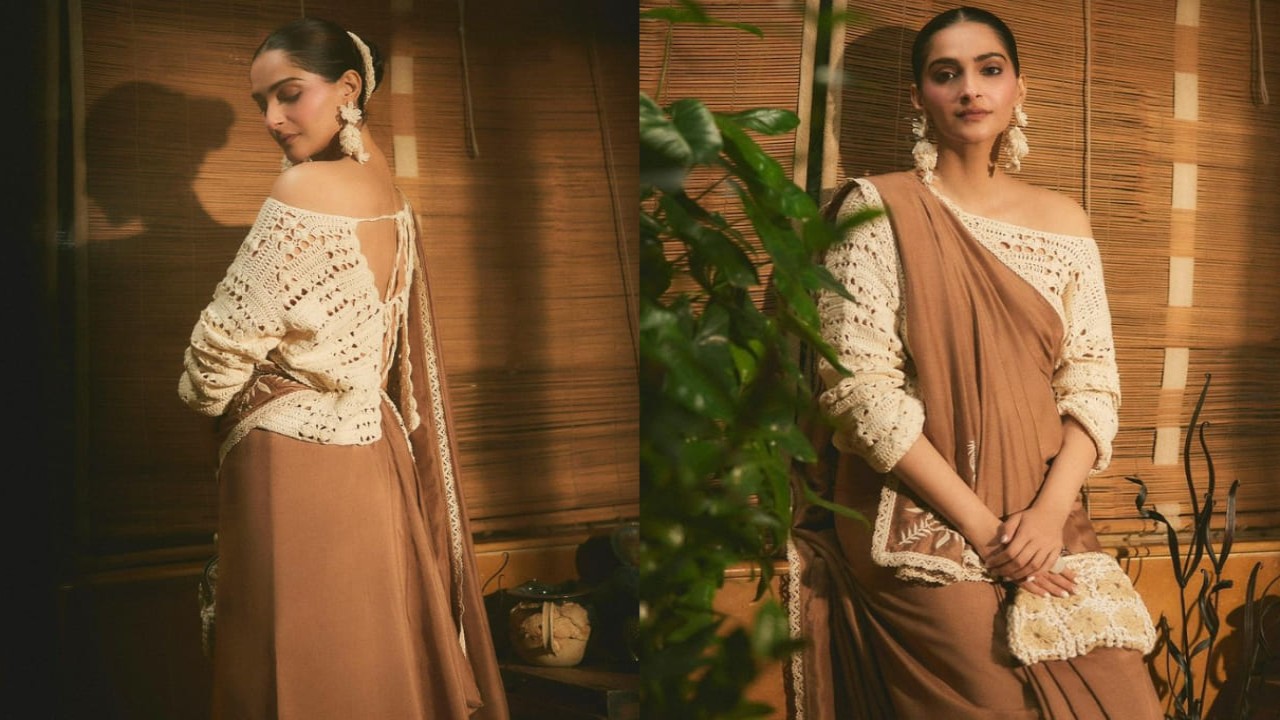 Sonam Kapoor in brown saree and crochet blouse 