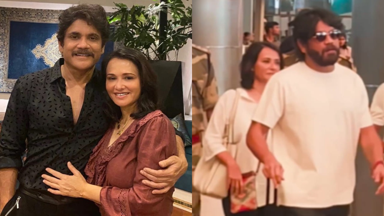 WATCH: Nagarjuna Akkineni twins in white with wife Amala as actor returns to Hyderabad ahead of his 65th birthday