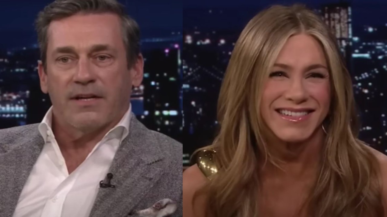 Jon Hamm and Jennifer Aniston (Images via YouTube/The Tonight Show Starring Jimmy Fallon)