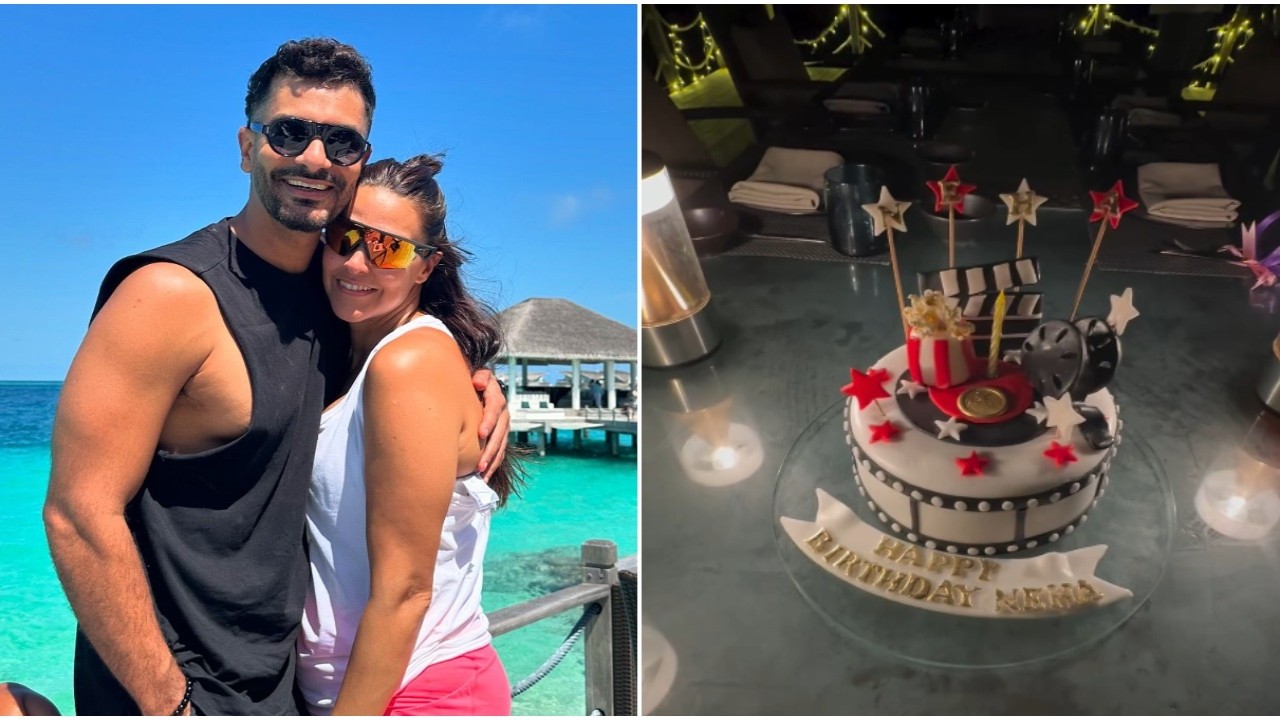 WATCH: Neha Dhupia fulfils IDEAL FAMILY goals as she celebrates birthday with Angad Bedi and kids in Maldives; don’t miss her cinema-themed cake