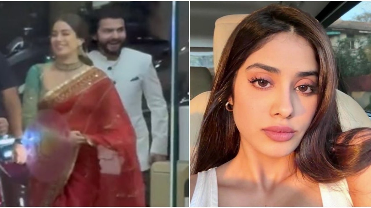 Janhvi Kapoor looks ravishing in red saree, boyfriend Shikhar Pahariya waits patiently as she poses at movie premiere; WATCH