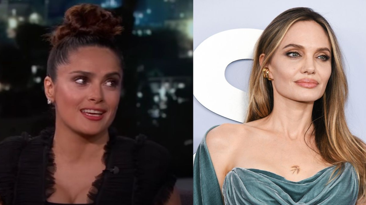 Salma Hayek Pinault and Angelina Jolie (Image 1 via YouTube/Jimmy Kimmel Live, image 2 via Getty Images)